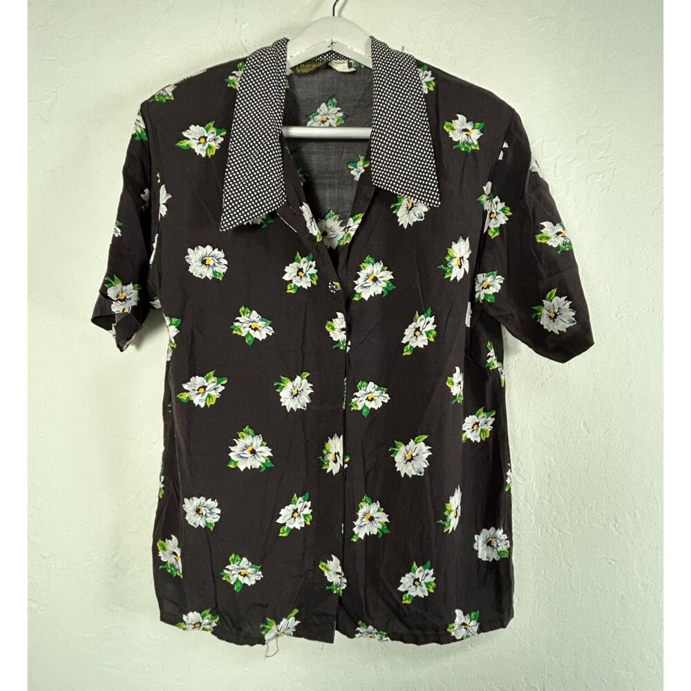 Baronesa by Barbara Green Womens Floral Button-Up Blouse Polka Dot Collar Size 8